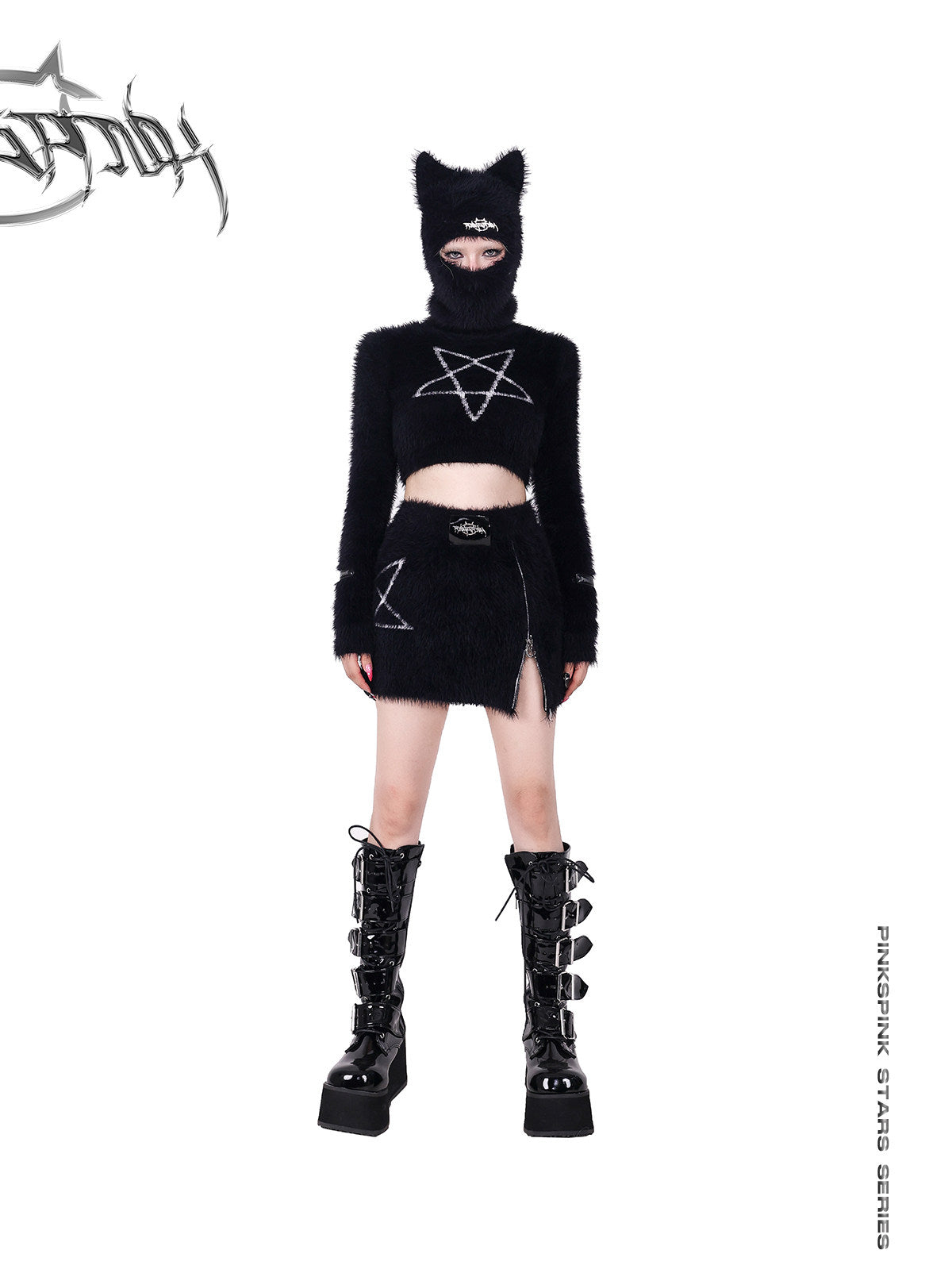 PINKSPINK PENTAGRAM cat-ear knit balaclava — product detail view showing texture and hardware