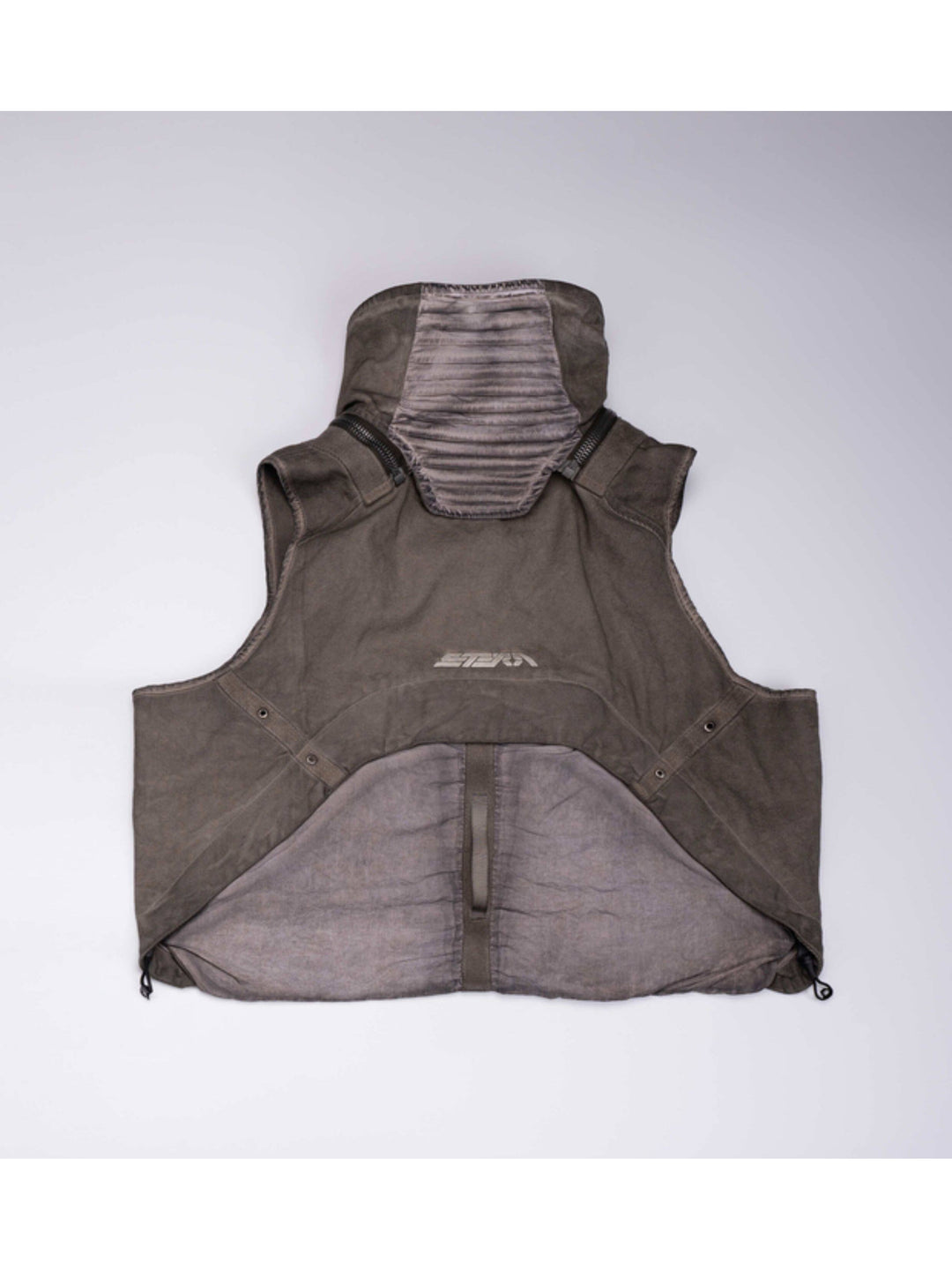 FISSION modular vest in mercury brown — back garment-only view with the rear pouch attached