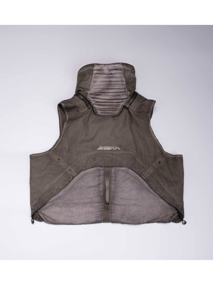 FISSION modular vest in mercury brown — back garment-only view with the rear pouch attached