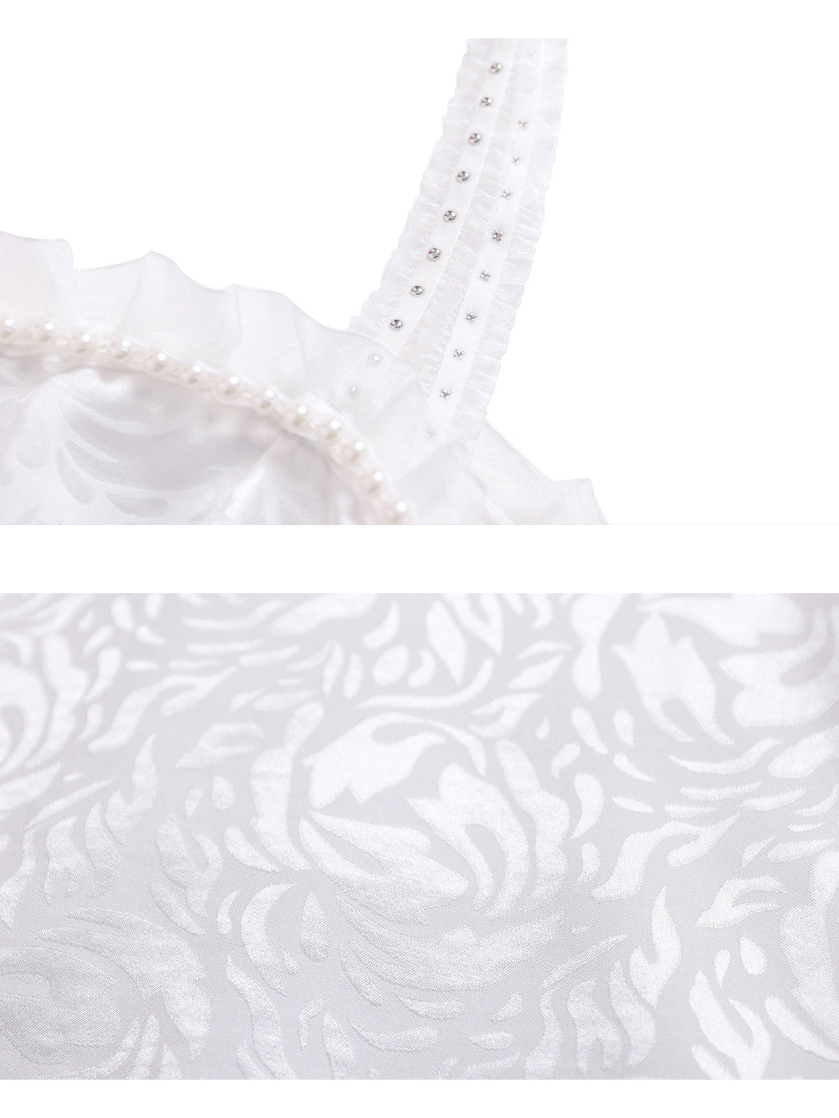 PINKSPINK FAIRY pearl-trim asymmetric mini dress — close-ups of the jeweled strap and patterned fabric