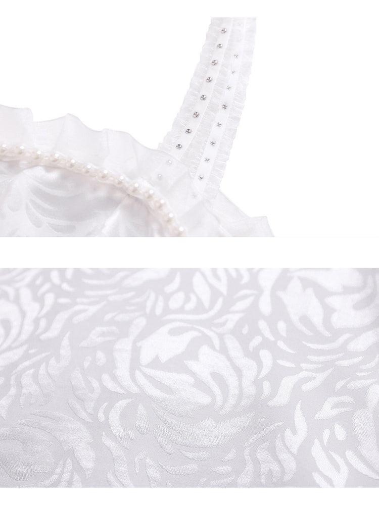 PINKSPINK FAIRY pearl-trim asymmetric mini dress — close-ups of the jeweled strap and patterned fabric
