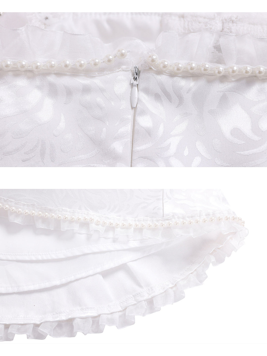 PINKSPINK FAIRY pearl-trim asymmetric mini dress — close-ups of the concealed zip and ruffled hem