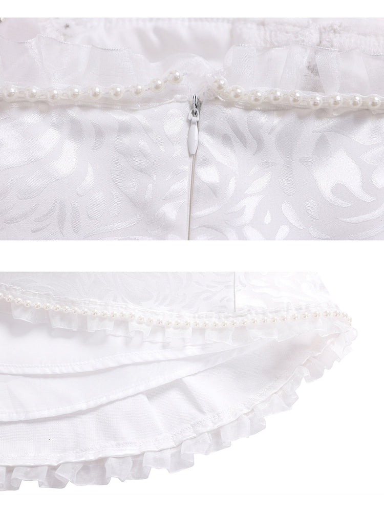 PINKSPINK FAIRY pearl-trim asymmetric mini dress — close-ups of the concealed zip and ruffled hem
