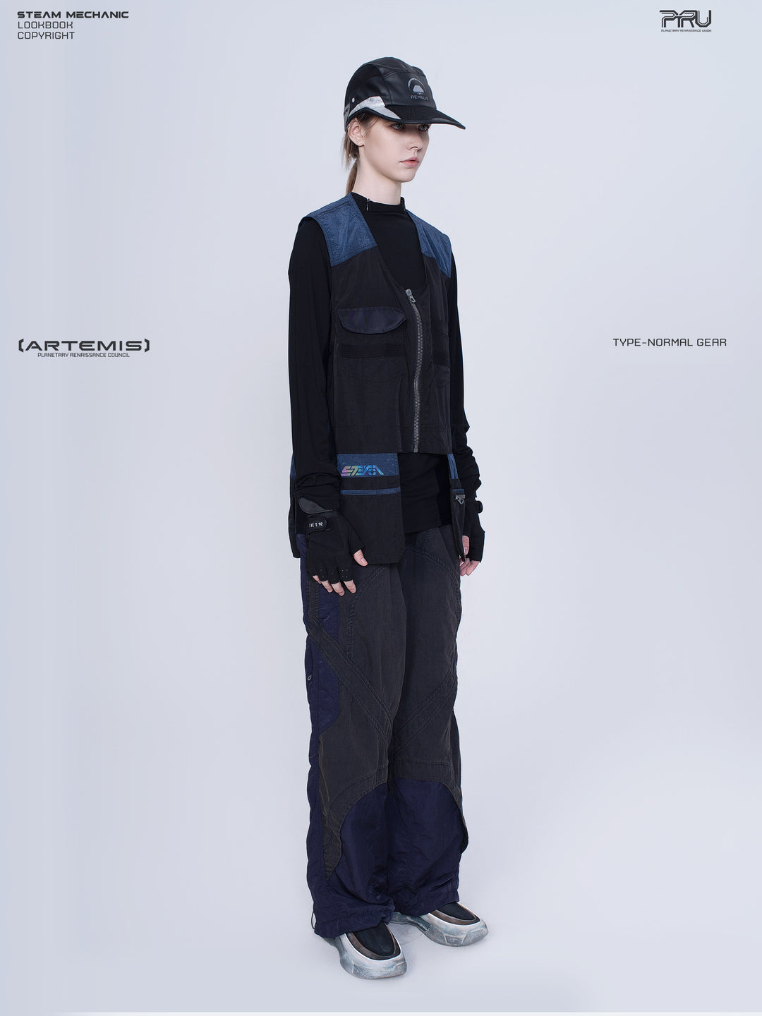 SUPERNOVA zima blue metallic nylon technical pants — full-length modeled opposite-side view showing zip pocket and panel seams