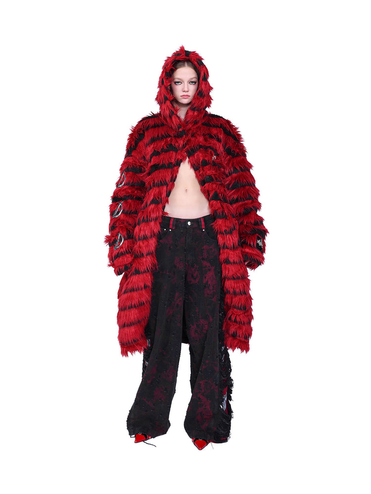PINKSPINK ELECTRIC MOON black-red faux-fur hooded long coat — red and black full-length front modeled view with the hood raised and coat open