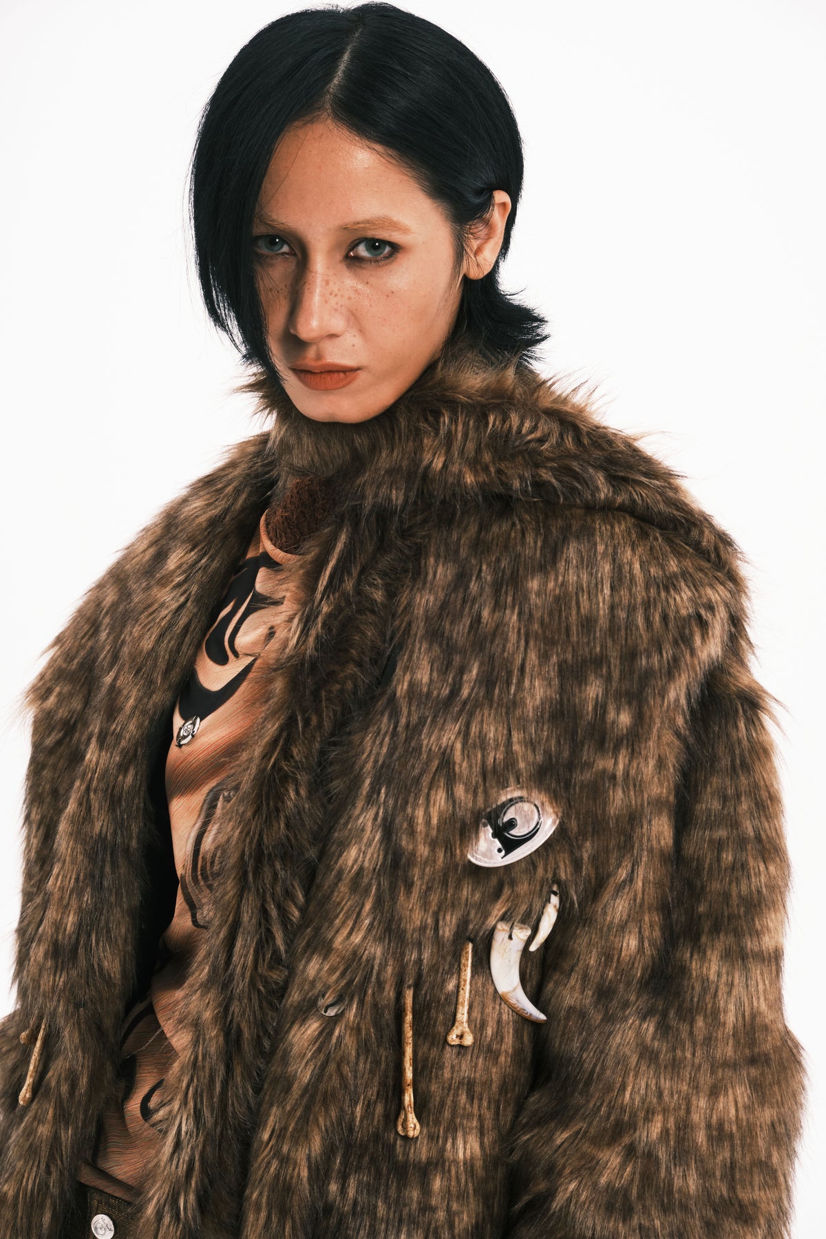 EMBRYO PRIMAL BONE mid-length faux-fur coat — full-length modeled view