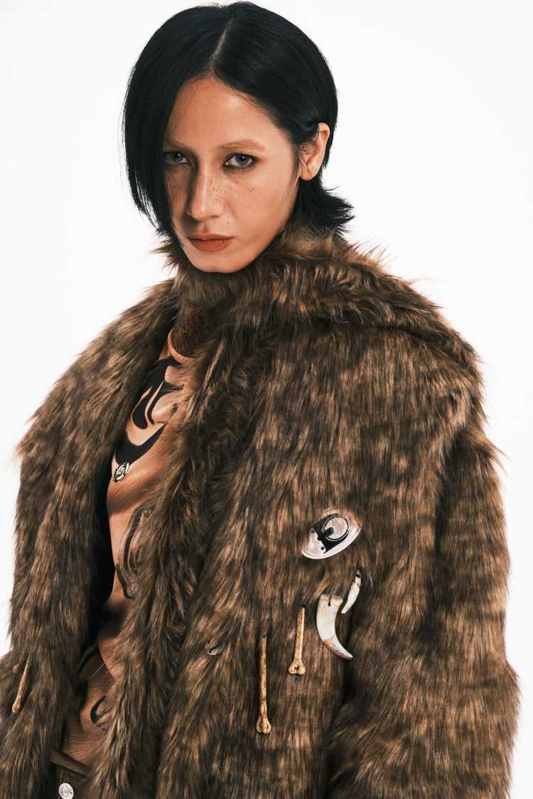 EMBRYO PRIMAL BONE mid-length faux-fur coat — full-length modeled view