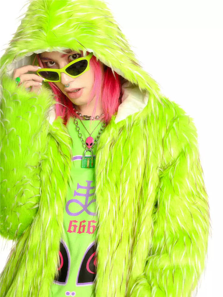DEADENDKIDS ALIEN LIME long faux-fur hooded coat — side or detail presentation