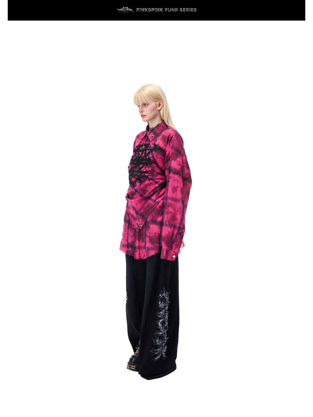 PINKSPINK ELECTRIC MOON distressed oversized plaid shirt in pink and black plaid — full-length angled modeled view styled with a matching scarf