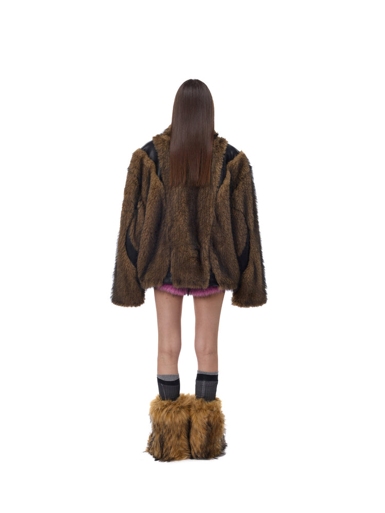 PINKSPINK ELECTRIC MOON paneled faux-fur jacket — back full-length styling with mini skirt