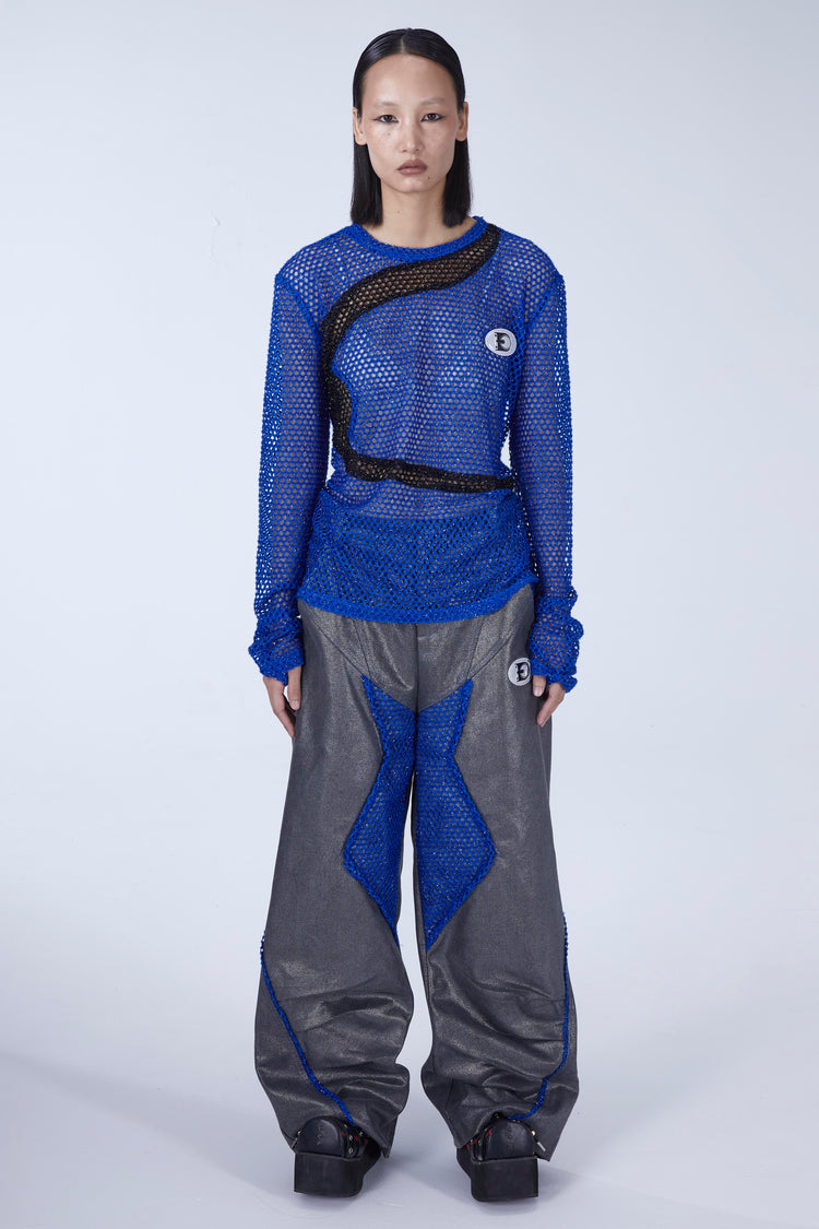 EMBRYO BLUE VOID cutout mesh finger-sleeve top — construction and silhouette detail