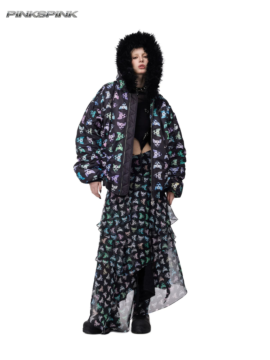 PINKSPINK CAT ALIEN asymmetric mesh maxi skirt — front styling with matching graphic jacket