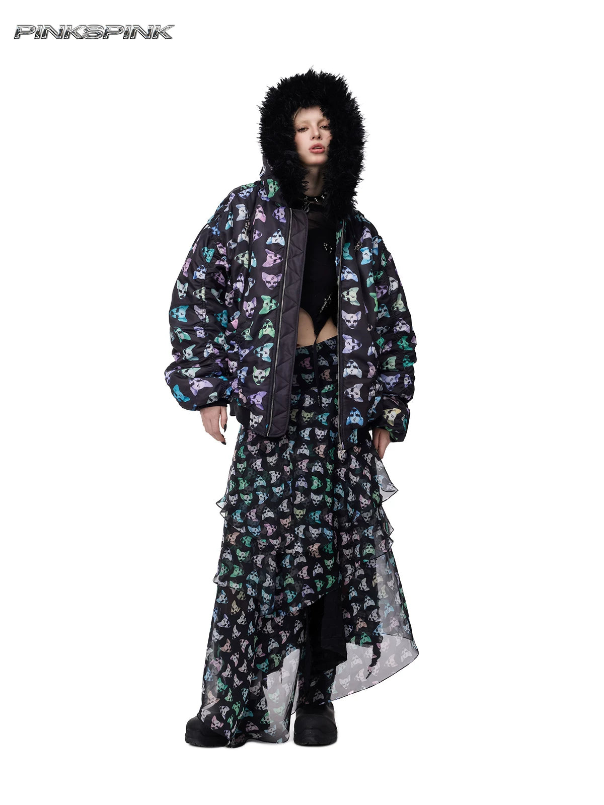 PINKSPINK CAT ALIEN asymmetric mesh maxi skirt — front styling with matching graphic jacket