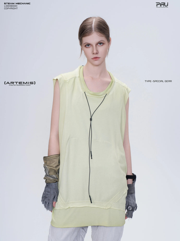 SUPERNOVA nebula green convertible drawstring technical tee — front modeled view with sleeves concealed