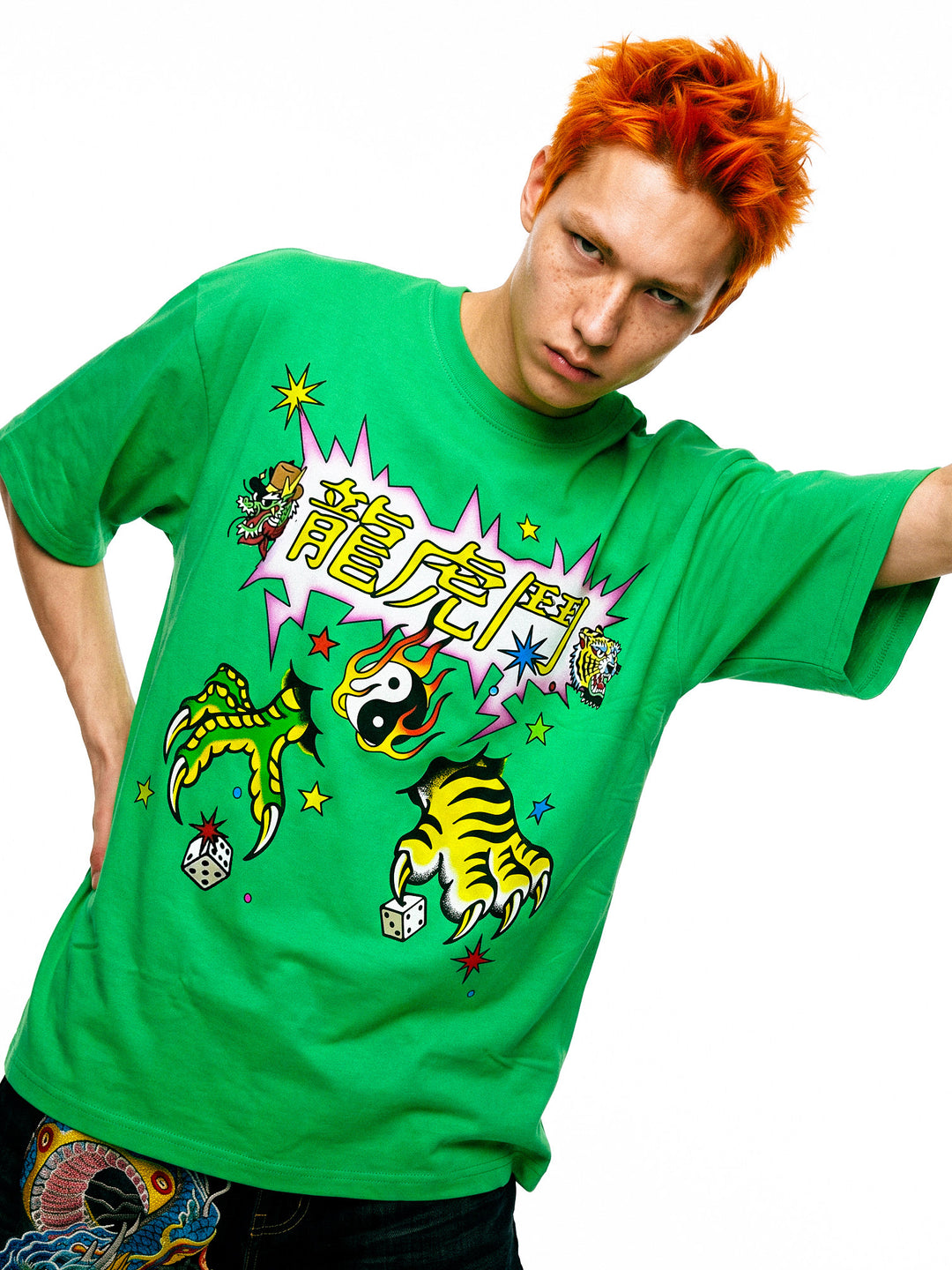 DEADENDKIDS TIGER DRAGON oversized graphic tee — rear modeled view