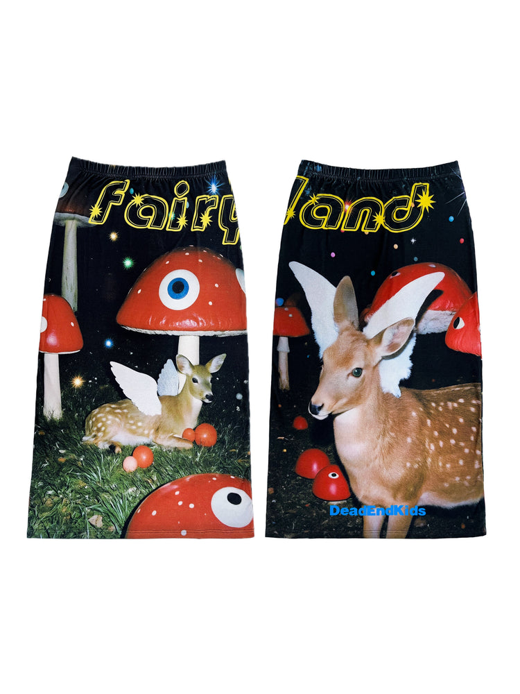 DEADENDKIDS REVERSIBLE ARCHIVE graphic maxi skirt — rear modeled view