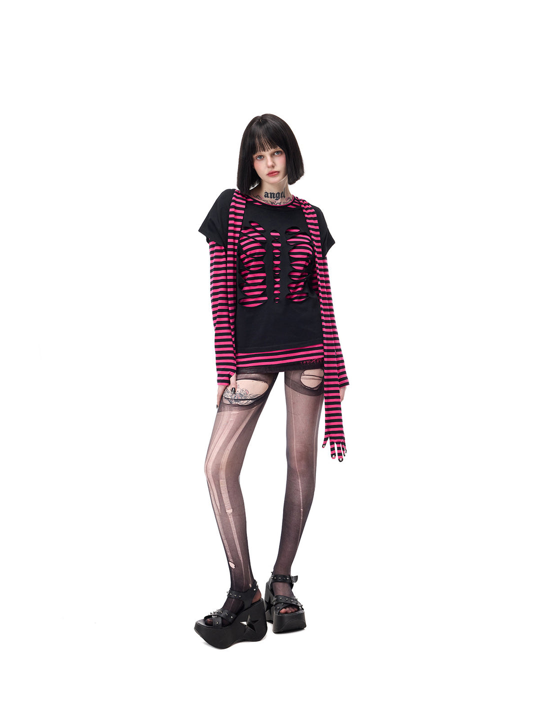 PINKSPINK CATACOMB reversible cat-skull tee in black — angled full-length cutout face over a separate pink striped tee