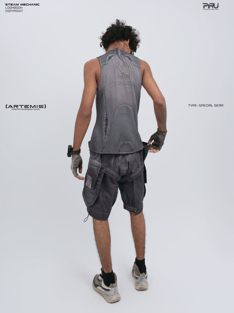 AEGIS stellar blue distressed mesh tank top — three-quarter back modeled view showing the hem and mesh construction