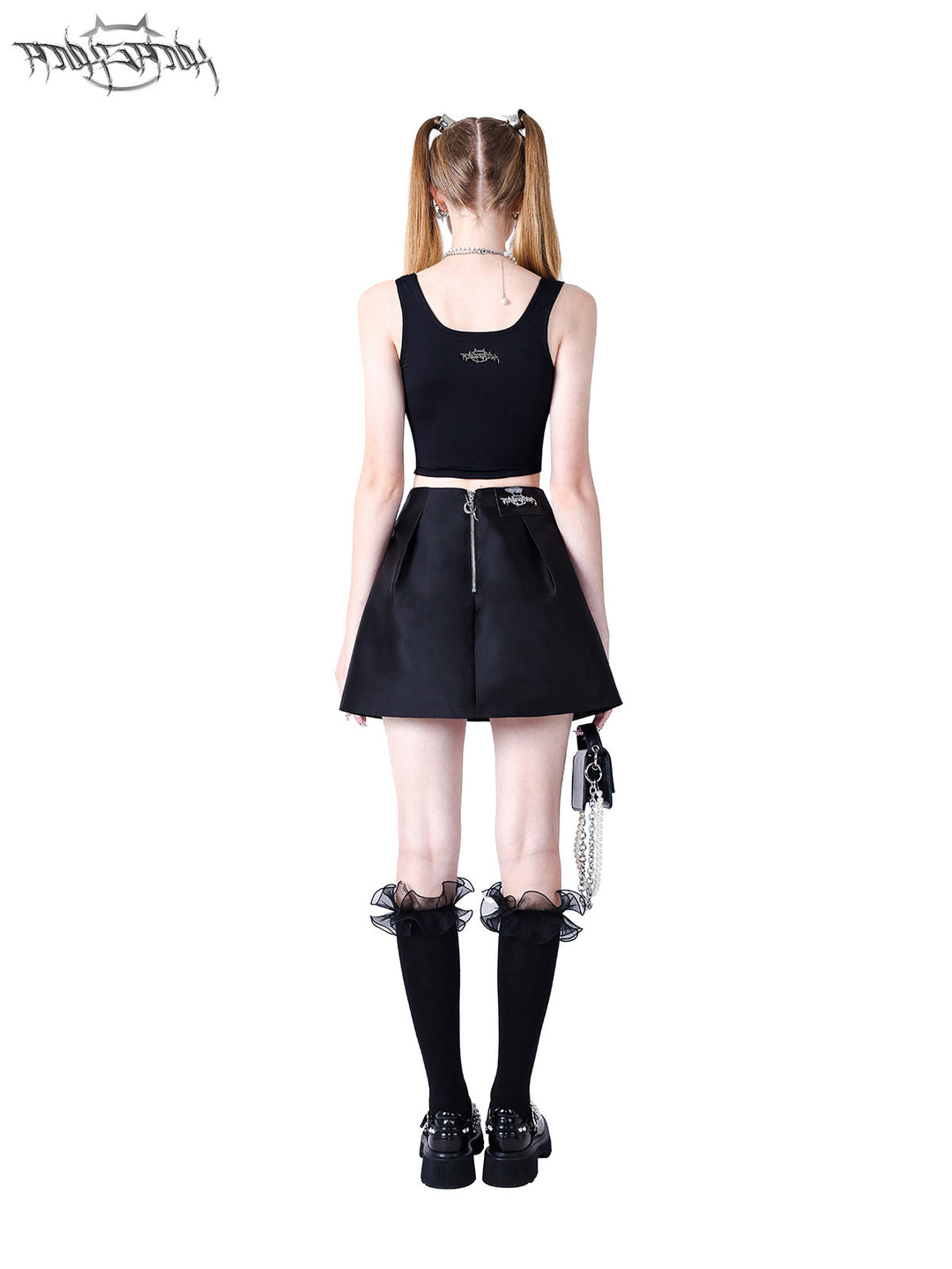 PINKSPINK GARFIELD graphic mini skirt — black back full-length view showing the exposed zipper