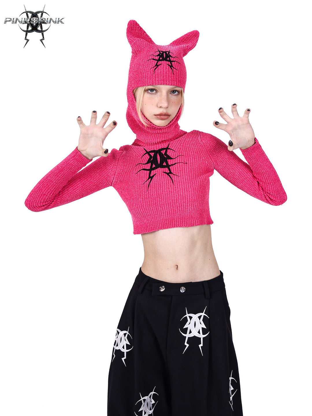 PINKSPINK ELECTRIC MOON fitted cat-ear hood sweater — full-length modeled styling view