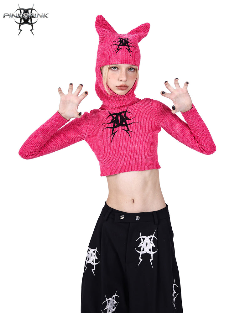 PINKSPINK ELECTRIC MOON fitted cat-ear hood sweater — full-length modeled styling view
