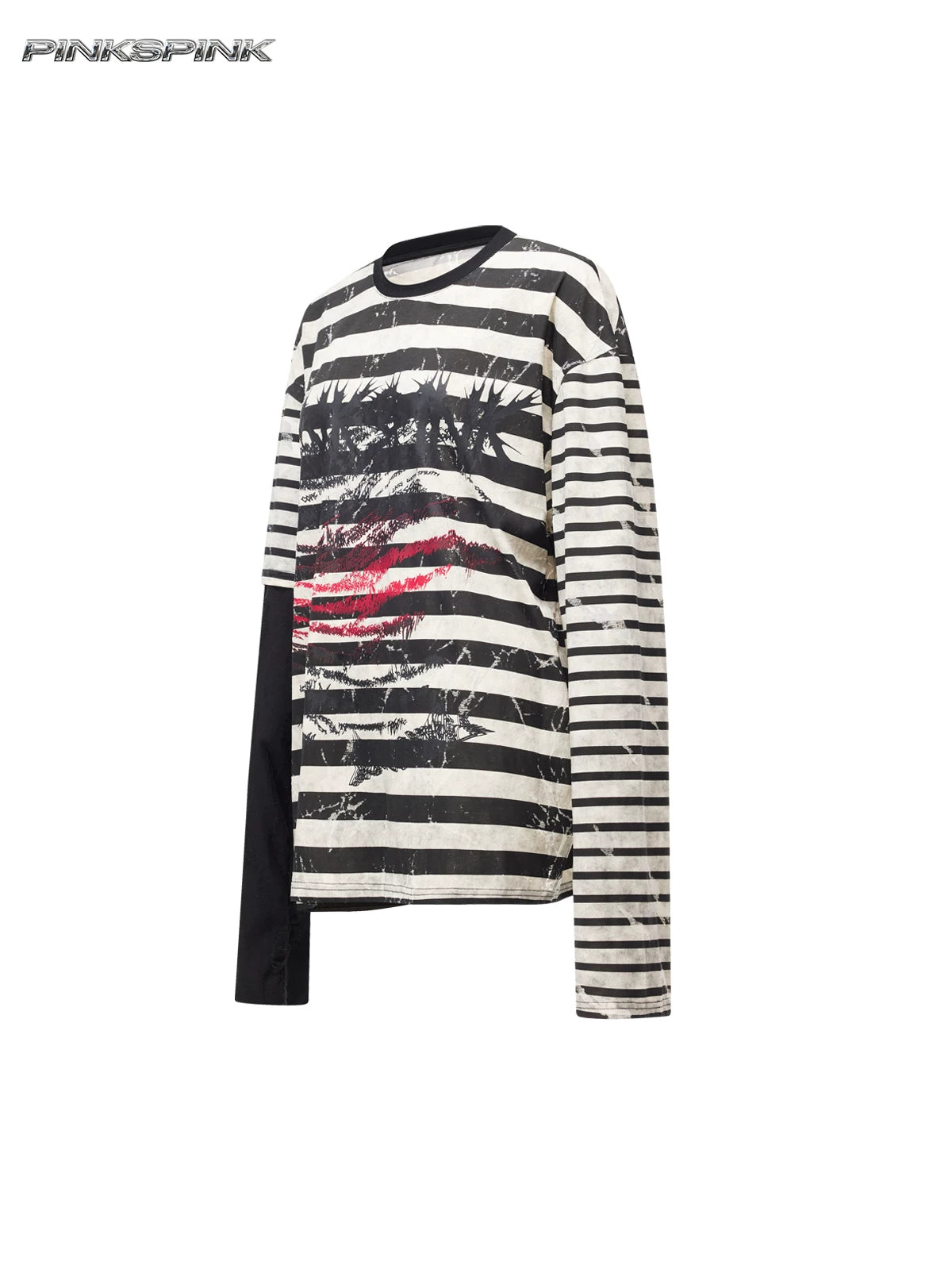 PINKSPINK STATIC asymmetric striped burnout long-sleeve tee in black and white — angled garment-only front view showing the striped body, face graphic and contrasting black sleeve