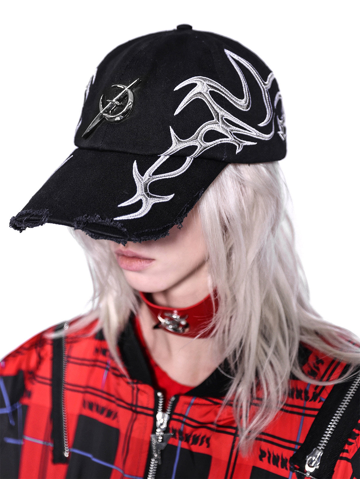 PINKSPINK ELECTRIC MOON black-red racing cap — full-length modeled styling view