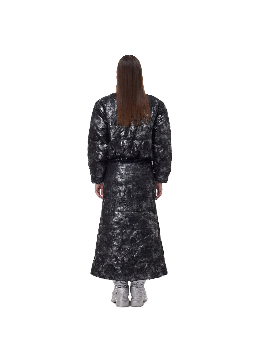 PINKSPINK ELECTRIC MOON metallic double-zip maxi skirt — back full-length styling with the matching jacket