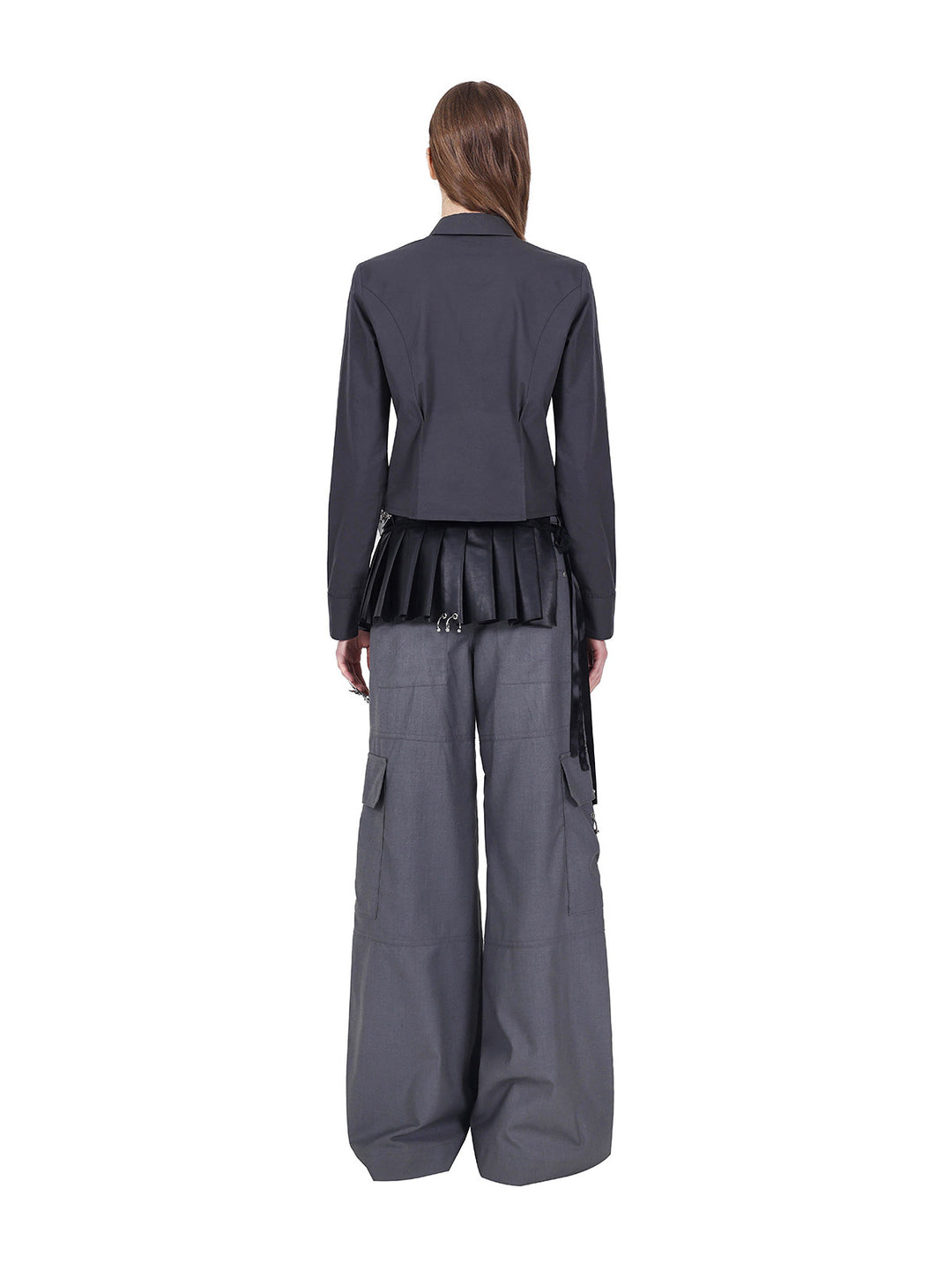 PINKSPINK ELECTRIC MOON sculpted cropped cotton shirt in gray — full-length rear modeled view with gray trousers