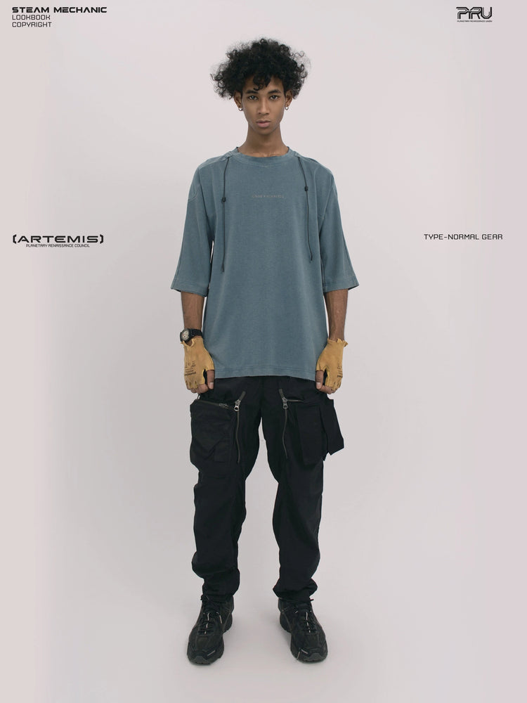 LIGHTSHADOW mycelium blue deconstructed technical tee — full-length front view with arms lowered