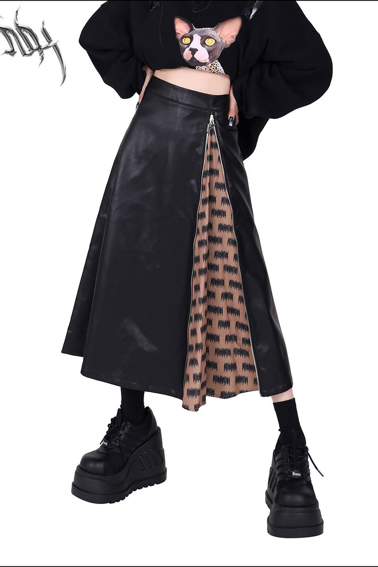 PINKSPINK EXHIBITION CORE zip A-line midi skirt — full-length modeled styling view