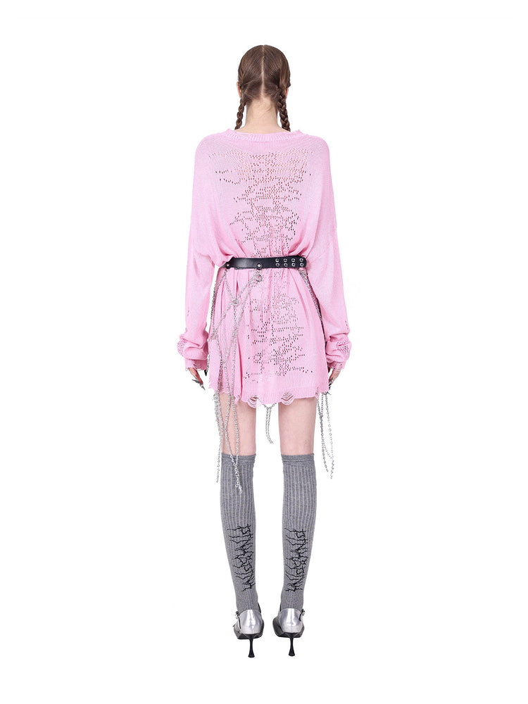 PINKSPINK ELECTRIC MOON diamond-chain belt skirt in black and silver — full-length rear view over a pink knit showing adjustable belt snaps