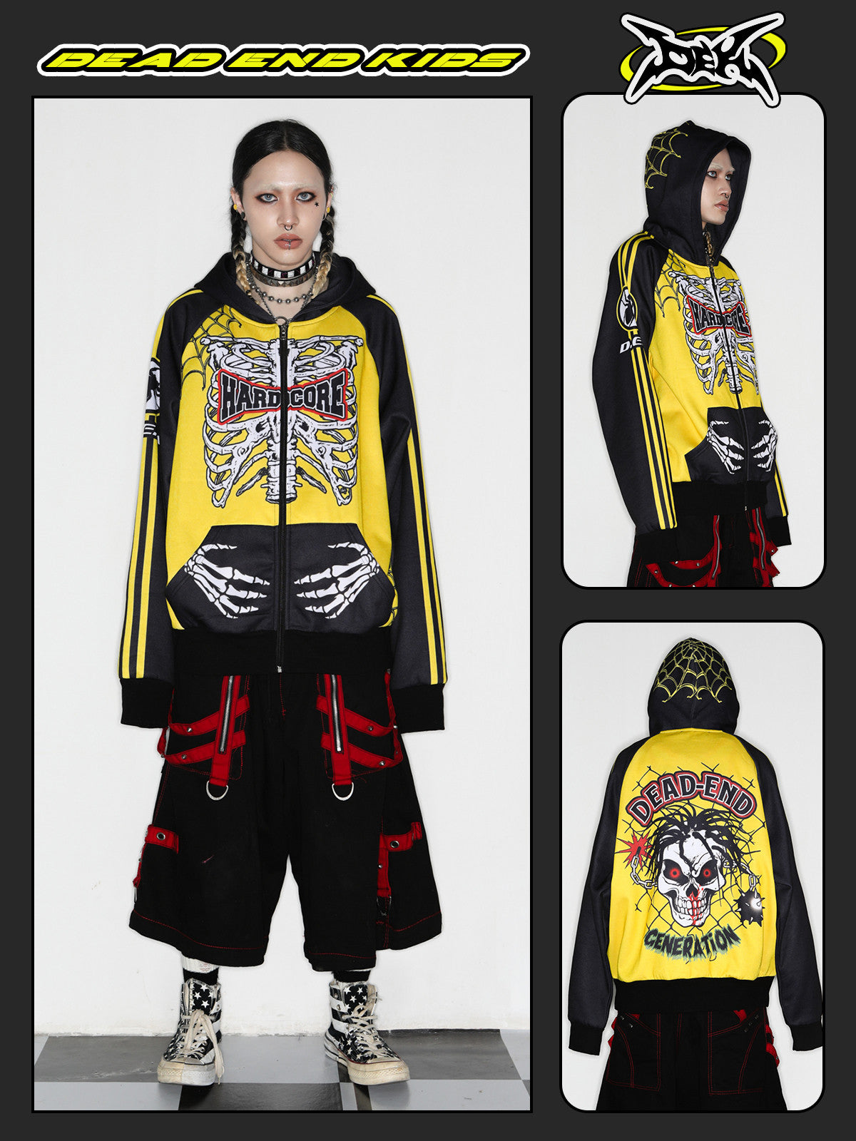 DeadEndKids Hardcore Generation skeleton zip-up hoodie — gallery hero — branded three-view collage