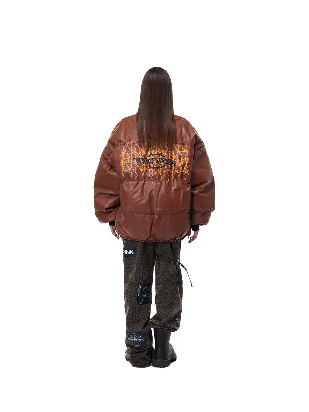 PINKSPINK MOTORBLOC padded faux-leather jacket — caramel brown straight back view showing graphic