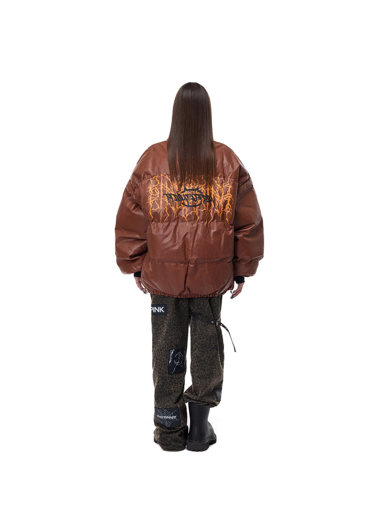 PINKSPINK MOTORBLOC padded faux-leather jacket — caramel brown straight back view showing graphic