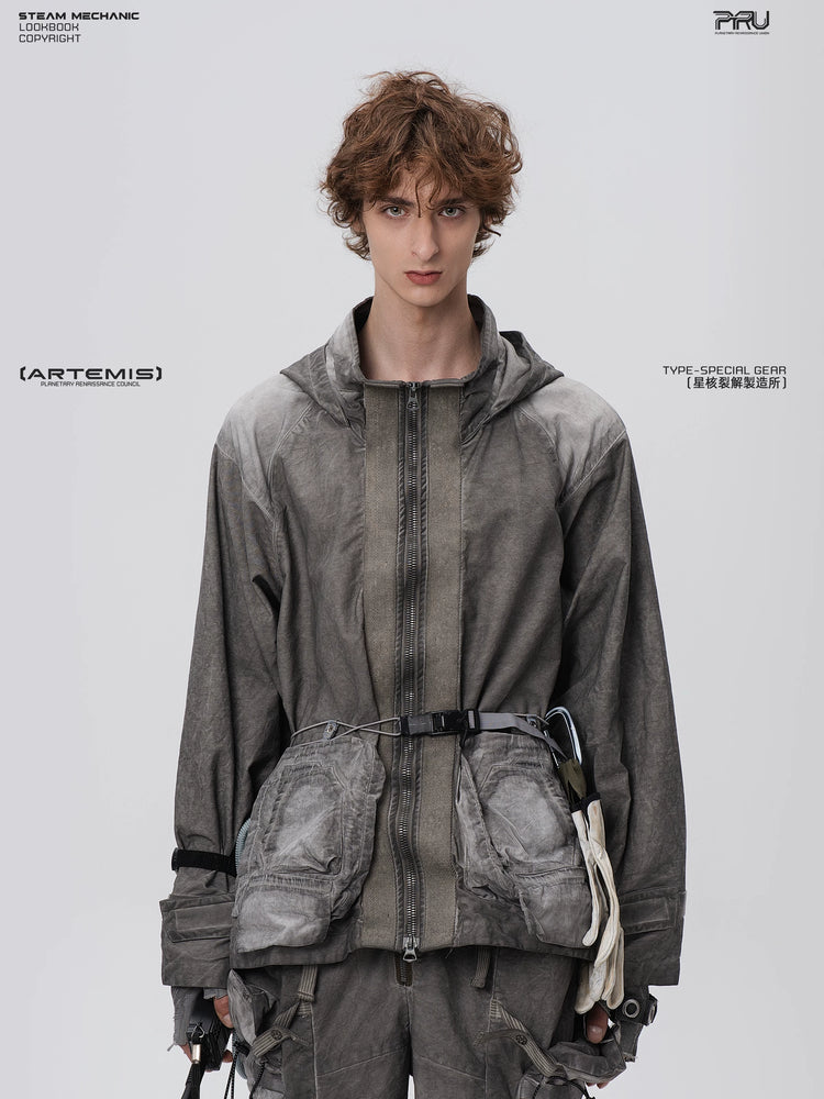 STARCORE meteor gray distressed work jacket — front modeled product view