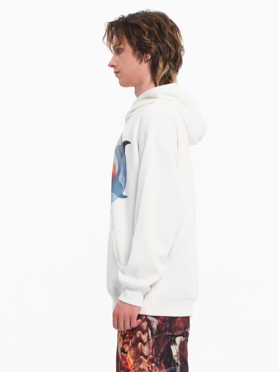 EMBRYO PLAN white graphic hoodie — alternate modeled angle