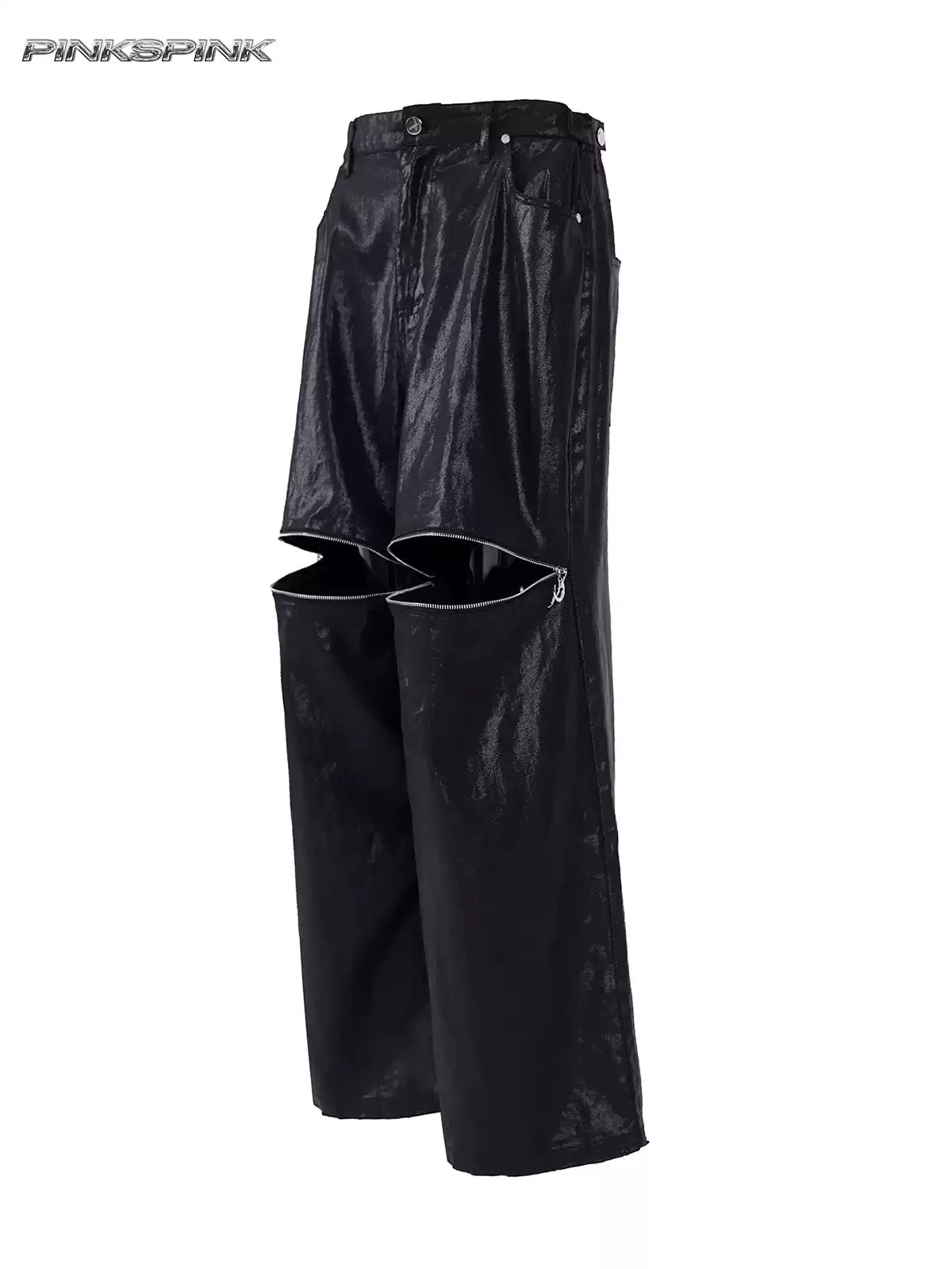PINKSPINK ELECTRIC MOON coated zip-knee wide-leg pants in black — front garment-only view showing the open knee zippers