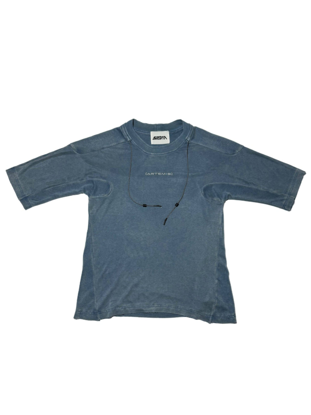 LIGHTSHADOW mycelium blue deconstructed technical tee — blue front flat-lay showing curved panels and drawcords
