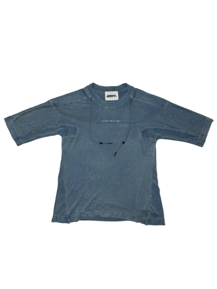 LIGHTSHADOW mycelium blue deconstructed technical tee — blue front flat-lay showing curved panels and drawcords