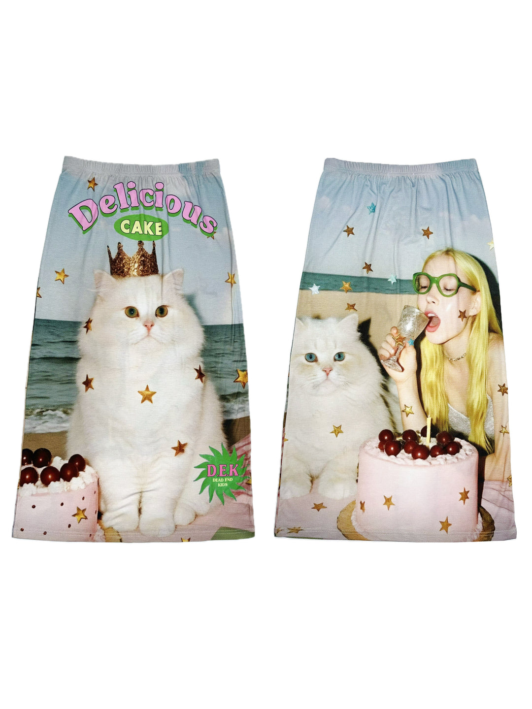 DEADENDKIDS REVERSIBLE ARCHIVE graphic maxi skirt — rear modeled view