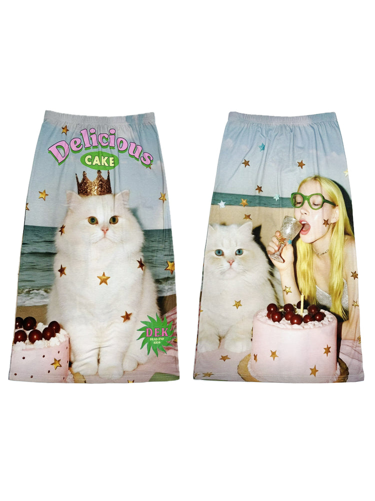DEADENDKIDS REVERSIBLE ARCHIVE graphic maxi skirt — rear modeled view