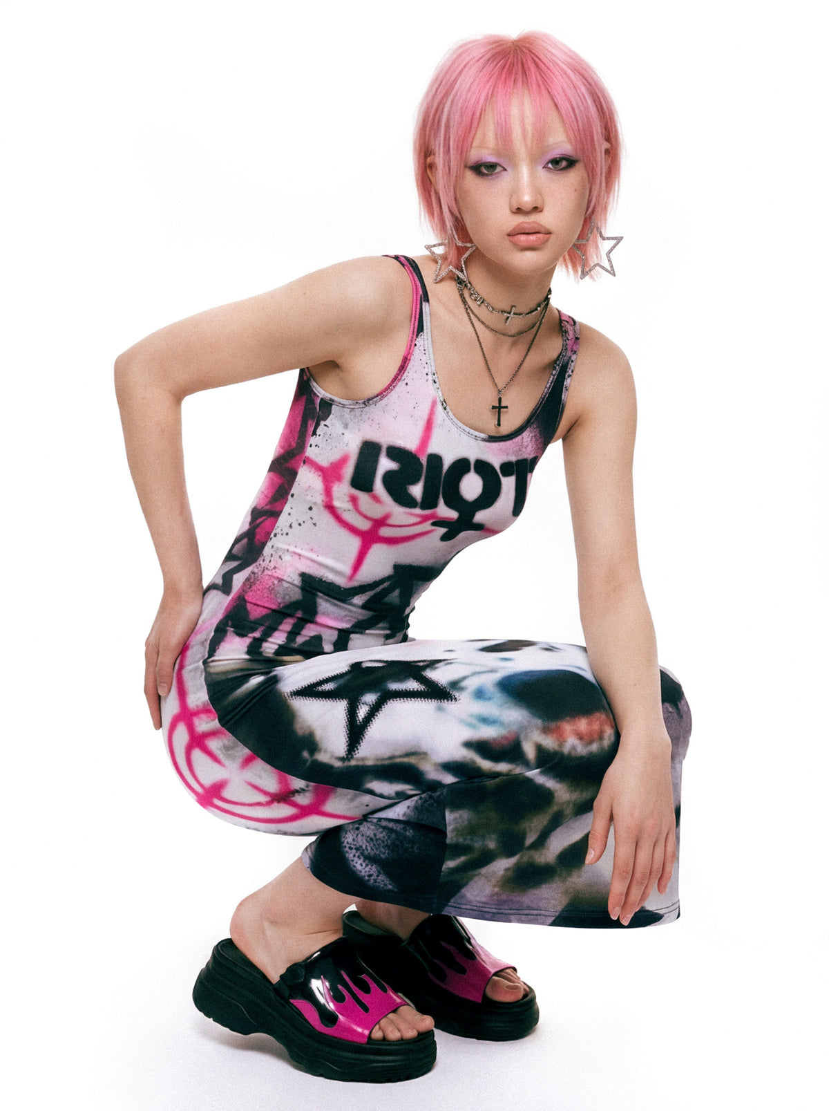 DEADENDKIDS RIOT GRAFFITI fitted maxi dress — rear modeled view