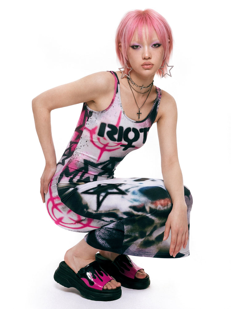 DEADENDKIDS RIOT GRAFFITI fitted maxi dress — rear modeled view