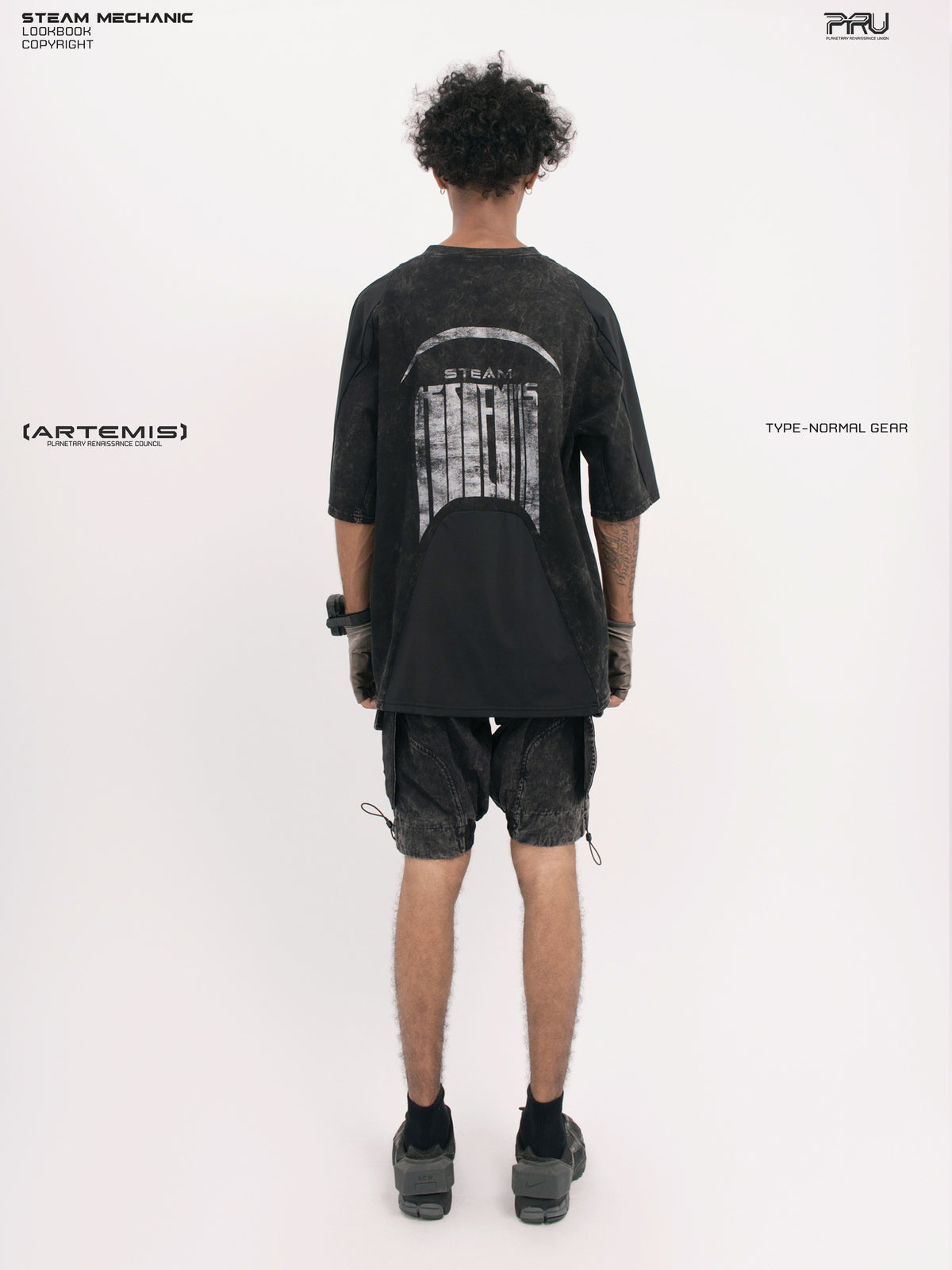 STARCORE black tortoise velcro mesh tee — straight rear modeled view with arms down