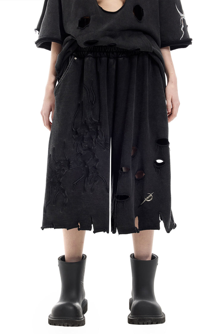 PINKSPINK ELECTRIC MOON distressed embroidered wide-leg shorts — black — front waist-to-hem view showing embroidery and raw edges