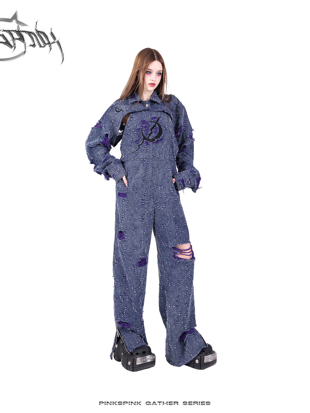 PINKSPINK BROKEN VIOLET distressed denim overalls — product detail view showing texture and hardware