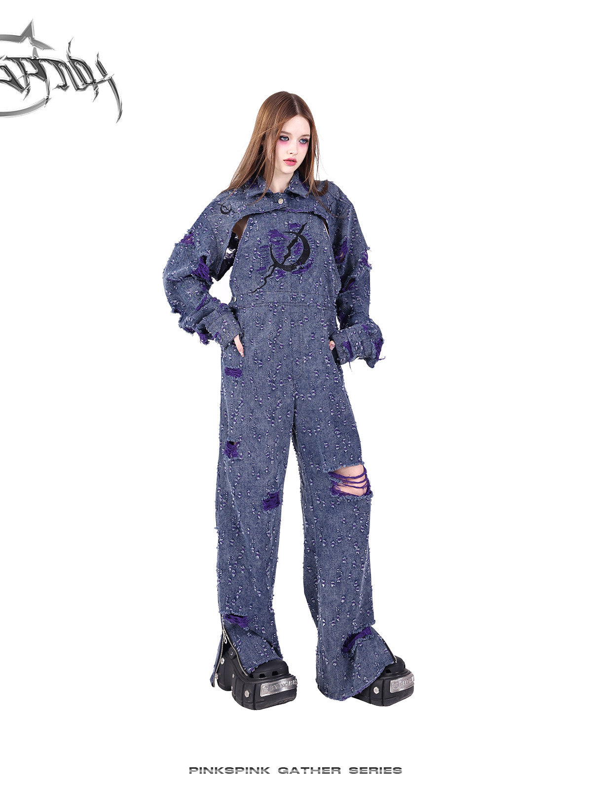 PINKSPINK BROKEN VIOLET distressed denim overalls — product detail view showing texture and hardware
