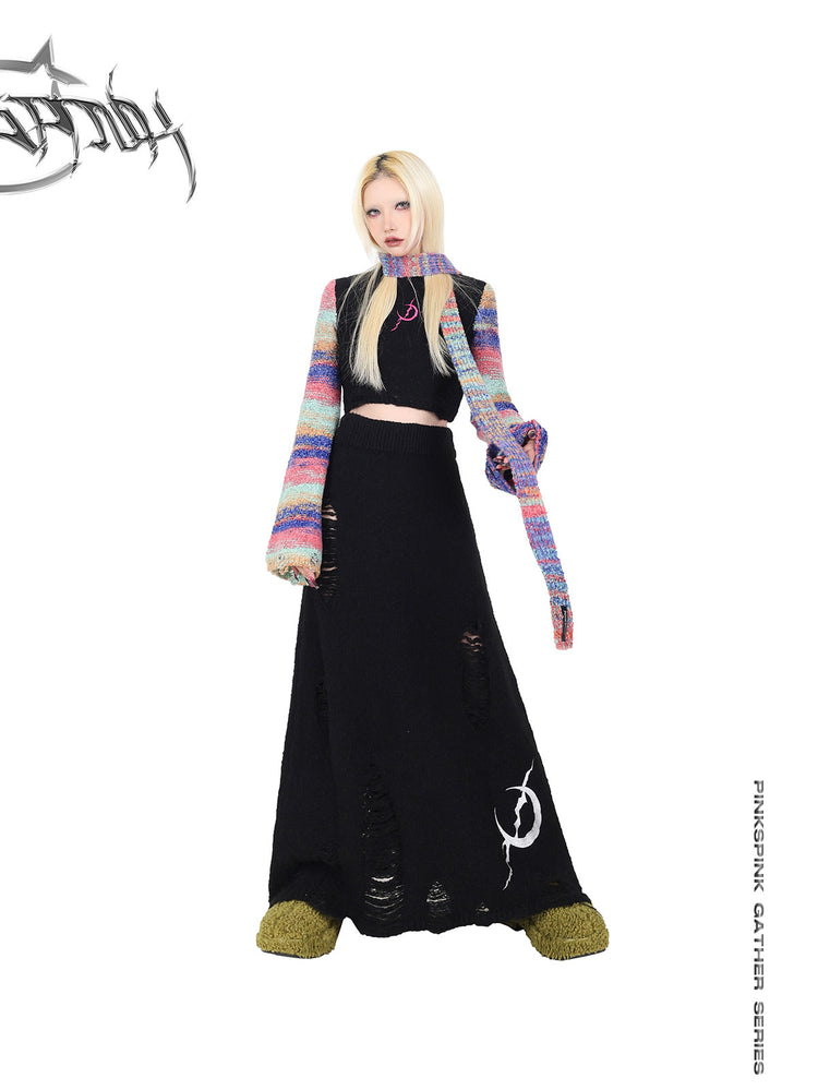 PINKSPINK ELECTRIC MOON rainbow-sleeve cropped sweater with scarf — front modeled view holding one scarf end to the side