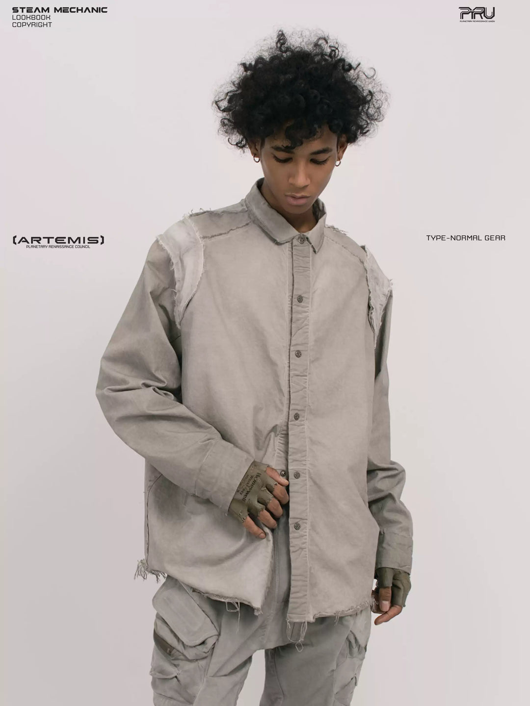 CHAOS ERA nightfall gray raw-edge technical shirt — front three-quarter modeled view looking down